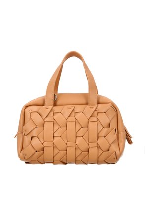 Geantă dreptunghiulară de culoare maro deschis, cu benzi de piele împletite și două mânere scurte, prevăzută cu închidere cu fermoar și textură netedă.