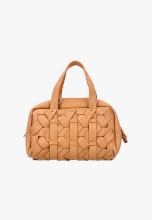 Barna téglalap alakú kézitáska fonott bőrszálakkal és két rövid fogantyúval, cipzáras záródással és sima felülettel.