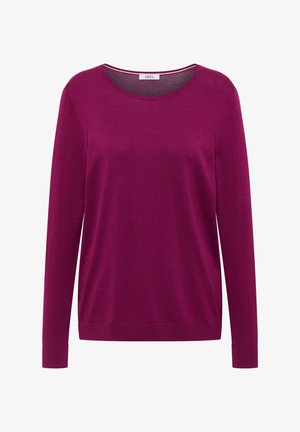 Langärmliger Pullover mit Rundhalsausschnitt in einfarbigem, tiefem Magenta, mit gerippten Bündchen und Saum, am Halsausschnitt mit "Cecil" beschriftet.