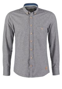 Camicia a maniche lunghe a quadri con colletto button-down, dettagli azzurri, chiusura frontale con bottoni e taschino sul petto. Presenta un'etichetta di tessuto.