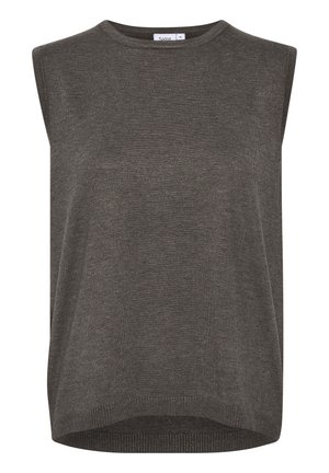 Beżowy top bez rękawów z okrągłym dekoltem, gładką strukturą i luźnym krojem. Dół jest nieco dłuższy z tyłu.