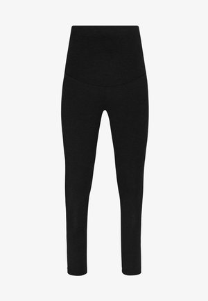 Schwarze, hochtaillierte Leggings aus glattem, dehnbarem Material, mit einem enganliegenden Design und knöchellanger Schnittführung ohne sichtbare Nähte oder Muster.