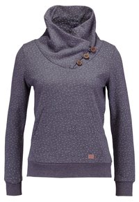 Tmavě šedá mikina s kapucí, s tečkovaným vzorem, třemi dřevěnými knoflíčky na výstřihu a přední kapsou ve stylu klokanky. Měkká látka.