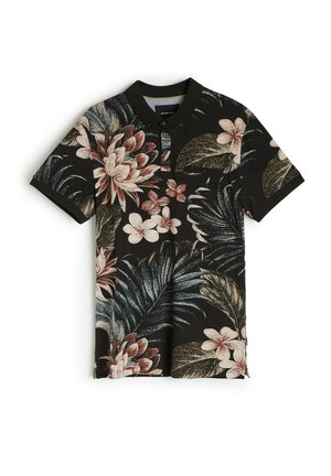 Czarny polo z kwiatowym wzorem w czerwonej, białej i niebieskiej kolorystyce. Krótkie rękawy, kołnierz i guziki z przodu.