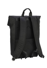 Schwarzer Rolltop-Rucksack mit verstellbaren gepolsterten Trägern, strukturiertem Mesh-Panel und Zickzacknaht-Detail. Hergestellt aus strapazierfähigem Stoff mit metallischen Beschlägen.