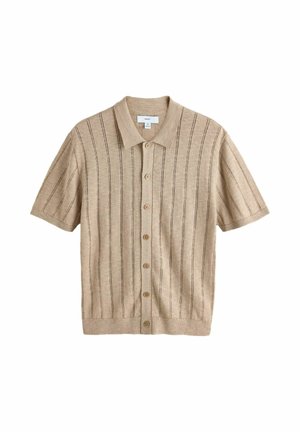Beige short-sleeve button-up knit shirt with vertical dark stripes and a pointed collar, size medium, laid flat on white background.