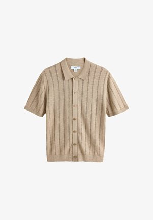 Beige short-sleeve button-up knit shirt with vertical dark stripes and a pointed collar, size medium, laid flat on white background.
