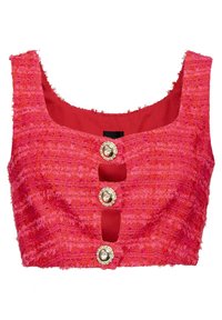 Top corto de tweed rosa con escote cuadrado, que presenta tres acentos de botones en tono dorado y un forro interior rojo. Acabado texturizado.