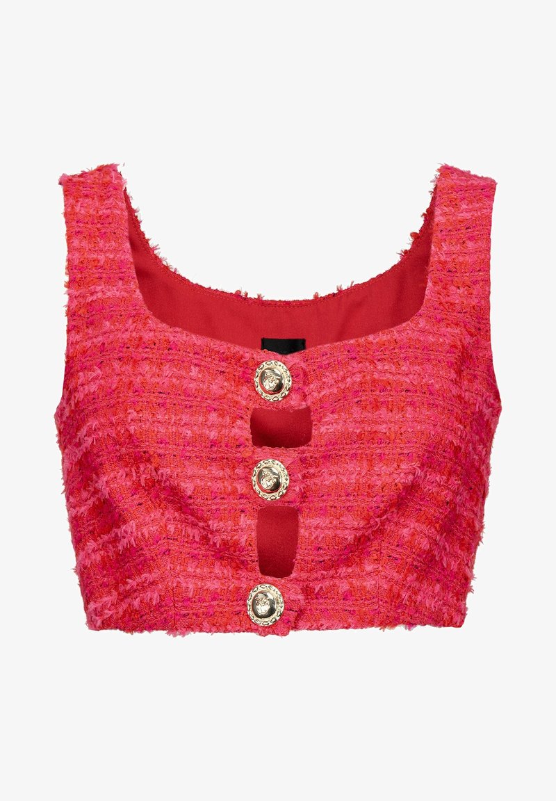 Top corto de tweed rosa con escote cuadrado, que presenta tres acentos de botones en tono dorado y un forro interior rojo. Acabado texturizado.
