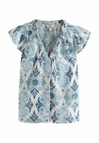 Blusa in lino con scollatura a V, maniche corte a sbuffo e un motivo floreale blu su uno sfondo chiaro. Presenta una chiusura con bottoni.