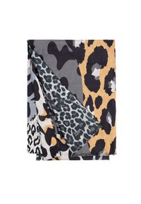Foulard con stampa leopardata che presenta una miscela di colori grigio, nero e senape. Tessuto morbido con vari motivi e bordi frangiati.