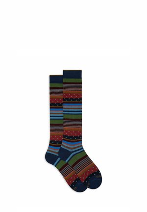 Knee-length socks with multicolored stripes and polka dots, featuring blue, green, red, and black tones. Soft knit fabric.