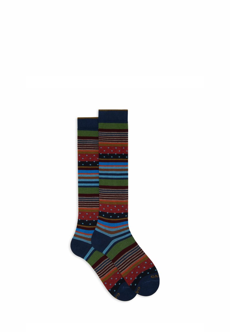 Calze fin sopra il ginocchio con righe multicolori e pois, caratterizzate da tonalità di blu, verde, rosso e nero. Tessuto a maglia morbido.
