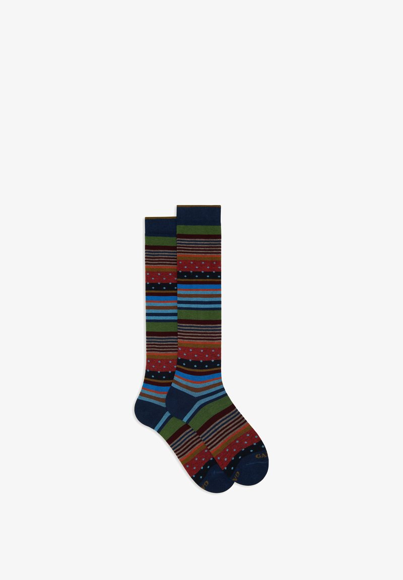 Calze fin sopra il ginocchio con righe multicolori e pois, caratterizzate da tonalità di blu, verde, rosso e nero. Tessuto a maglia morbido.