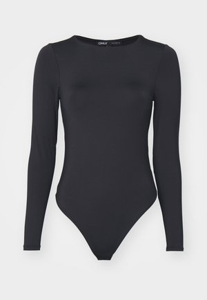 Black long-sleeve bodysuit made of smooth fabric, featuring a round neckline and high-cut legs with minimal seams.