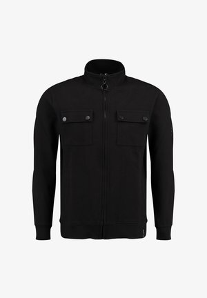 Giacca nera con zip realizzata in tessuto testurizzato, con colletto alto, due tasche frontali con bottoni a pressione e polsini a costine.