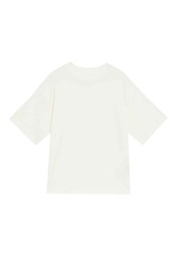 Camiseta blanca de gran tamaño, de mangas cortas, con cuello redondo, de suave tela de algodón, corte relajado, diseño sencillo sin decoraciones.