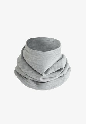 Gray, soft fabric infinity scarf with a textured finish, featuring layered folds and a seamless design for comfort and versatility.