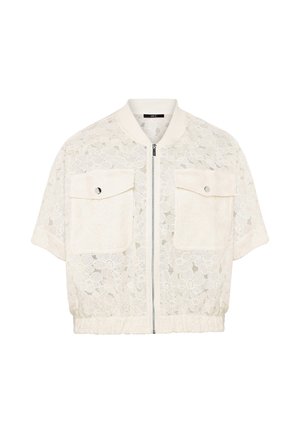 Hvid blondejakke med korte ærmer, frontlynlås og to store klaplommer med knapper, elastisk taljebånd og ribbet krave.