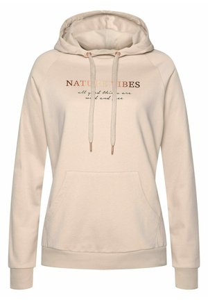 Beige Kapuzenpullover mit Kordelzug und einer Fronttasche, sowie einem Textdesign. Mit gerippten Bündchen und Saum, aus weichem, strukturiertem Material gefertigt.