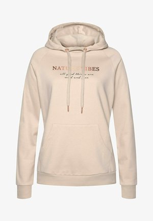 Beige Kapuzenpullover mit Kordelzug und einer Fronttasche, sowie einem Textdesign. Mit gerippten Bündchen und Saum, aus weichem, strukturiertem Material gefertigt.