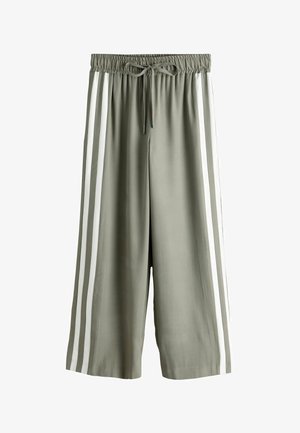 Olive green wide-leg pants with an elastic waistband and drawstring, featuring two white vertical stripes along each side. Smooth texture.