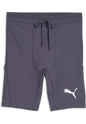 Mørkegrå Puma sportsshorts med snøre i taljen og hvidt Puma-logo på venstre ben, designet til aktiv brug.