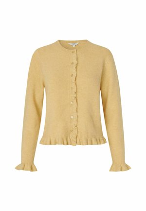 Żółty dzianinowy kardigan z okrągłym dekoltem, falbanami na krawędziach i zapięciem na guziki. Posiada długie rękawy z falbanami na mankietach oraz miękką teksturę.