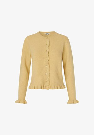 Cardigan galben tricotat cu guler rotund, margini fluturate și închidere cu butoane. Dispune de mâneci lungi cu manșete fluturate și o textură moale.