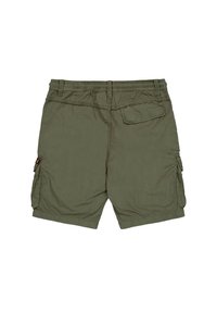 Shorts cargo de culoare verde măsliniu, cu un elastic flexibil la talie, două buzunare laterale și un buzunar la spate, realizate dintr-un material neted și ușor.