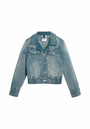 Rifľová bunda v svetlomodrej farbe s efektom ošúchania. Má golier, dva náprsné vrecká a elastický pás. Strieborné gombíky.