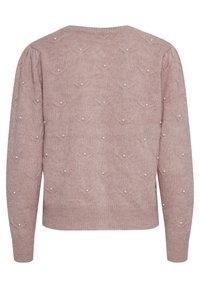 Maglione lavorato a maglia rosa chiaro con maniche a sbuffo, decorazioni in perle e un motivo testurizzato di piccole forme a V su tutto il tessuto.