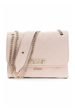 Sac bandoulière Guess rose clair avec motif de logo embossé, bandoulière chaîne dorée et logo métallique Guess sur le rabat avant.