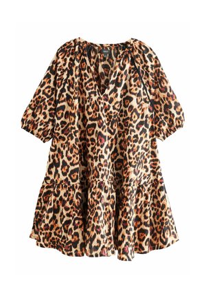 Robe courte ample avec motif léopard, manches courtes bouffantes et jupe à volants.