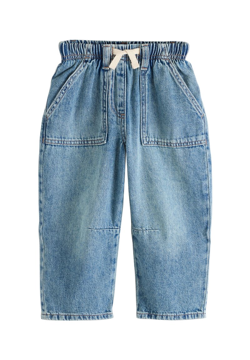 Niebieskie spodnie dżinsowe z elastycznym pasem, dwoma przednimi kieszeniami i luźnym krojem. Tkanina ma klasyczną fakturę dżinsu i subtelne przetarcia.