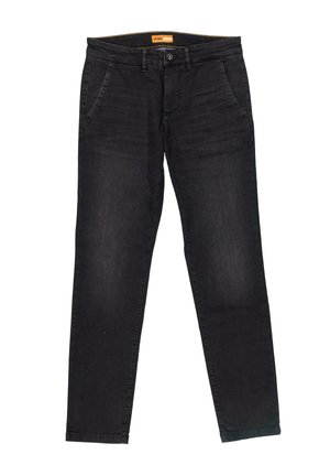 Schwarze Denim-Jeans mit geradem Schnitt, Fronttaschen und Knopfverschluss. Der Stoff hat eine glatte Textur mit leichtem Verblassen.