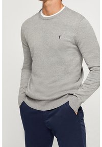 Pull gris en maille avec un col rond, des poignets et un ourlet côtelés. Présente un petit logo noir sur la poitrine. Porté sur un t-shirt blanc.