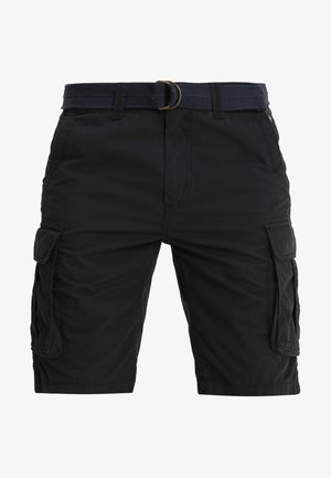 Czarne szorty cargo z plecionym granatowym paskiem, z wieloma bocznymi kieszeniami i regularnym krojem. Wykonane z trwałego materiału o gładkiej fakturze.