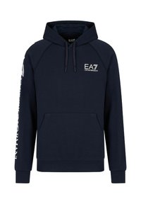 Felpa blu navy in misto cotone, con tasca a marsupio, cappuccio con cordoncino e logo sul petto e sulla manica. Texture liscia.