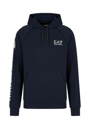 Felpa blu navy in misto cotone, con tasca a marsupio, cappuccio con cordoncino e logo sul petto e sulla manica. Texture liscia.
