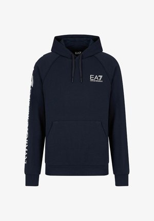 Felpa blu navy in misto cotone, con tasca a marsupio, cappuccio con cordoncino e logo sul petto e sulla manica. Texture liscia.