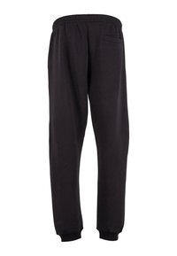 Black sweatpants made of soft fabric, featuring an elastic waistband, tapered cuffs, and a back pocket with a horizontal opening.