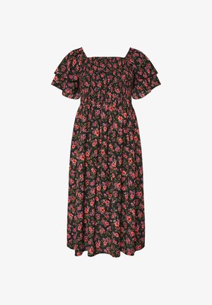 Sort midi-kjole med pink og rødt blomsterprint, rynket firkantet udskæring og korte flæseærmer.