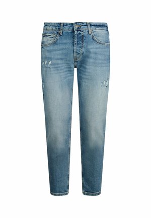 Hellblaue Jeans aus Denim mit lockerer Passform, die an der Vorderseite ausgebleichte Stellen und used-Optik aufweisen. Klassisches Fünf-Taschen-Design.
