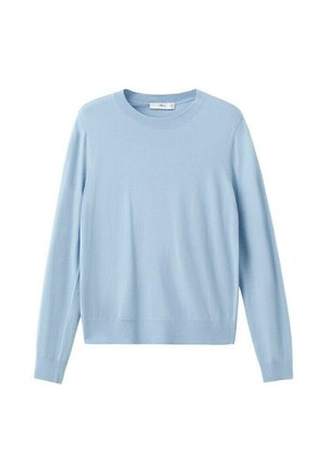 Svetlomodrý sveter s dlhým rukávom a okrúhlym výstrihom s rebrovanými manžetami a lemom, položený na bielom pozadí.