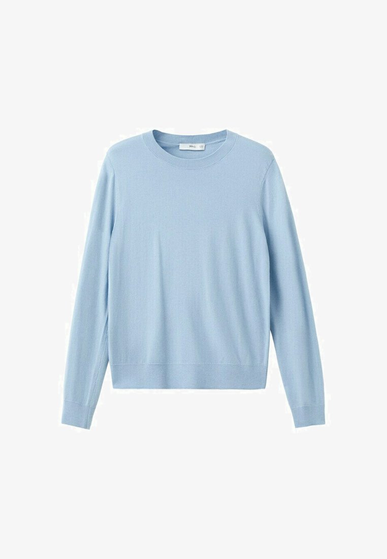 Svetlo modra dolga majica z okroglim izrezom, z rebrastimi manšetami in spodnjim robom, položena na ravno belo površino.