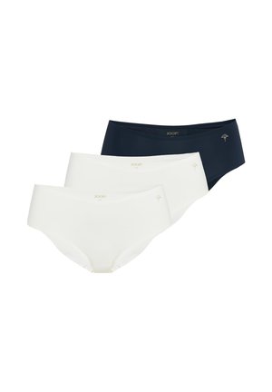Drei nahtlose Hipster-Pantys für Damen in Weiß und Navy, jede mit kleinem Logo und dekorativem Emblem am vorderen Bund.