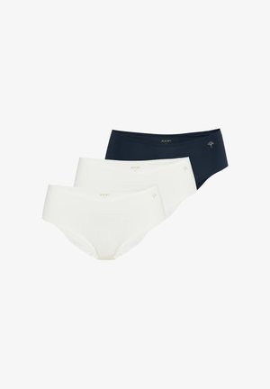 Drei nahtlose Hipster-Pantys für Damen in Weiß und Navy, jede mit kleinem Logo und dekorativem Emblem am vorderen Bund.