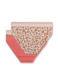 Zwei Damenunterhosen: eine in einfarbigem Korallenrot und eine mit hellem beigefarbenem Leopardenmuster. Beide haben weiche elastische Bundabschlüsse.