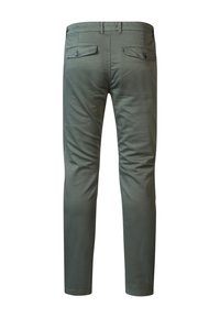 Green cotton trousers with a slim fit. Includes two rear pockets with button closures and a zip fly. Smooth texture and clean lines.